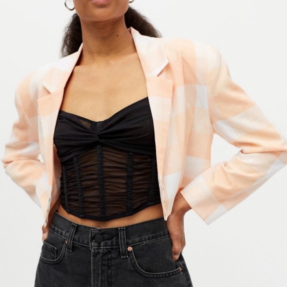 NWT For Love & Lemons Eugenie Cropped Plaid Blazer Jacket Peach Apricot Pastel M - Picture 4 of 10